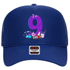 9th Birthday For Little Girl Makeup 9 Birthday 9Years Old High Crown Mesh Back Trucker Hat