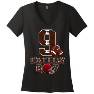 9th Birthday Football Lover Theme 9 Years Old Gift Women's V-Neck T-Shirt