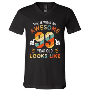 99th Birthday Gifts 99 Years Old looks Like Funny 99th Bday V-Neck T-Shirt