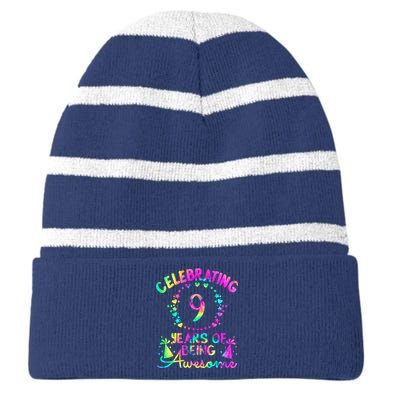 9 Birthday Girl 9 Years Old Birthday Gift Striped Beanie with Solid Band