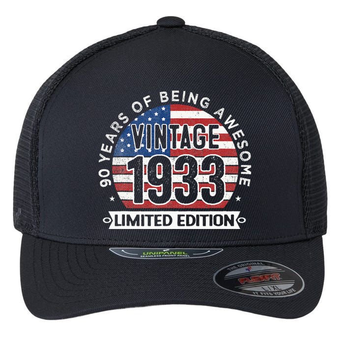 90th Birthday Gifts Vintage 1933 90 Years Old USA Flag Flexfit Unipanel Trucker Cap