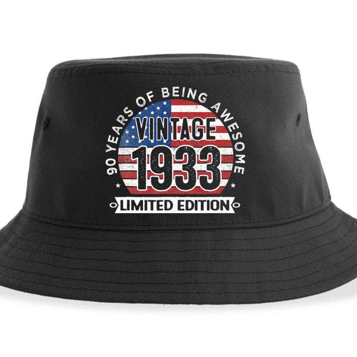 90th Birthday Gifts Vintage 1933 90 Years Old USA Flag Sustainable Bucket Hat