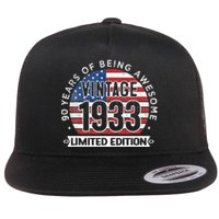 90th Birthday Gifts Vintage 1933 90 Years Old USA Flag Flat Bill Trucker Hat