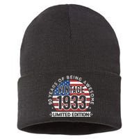 90th Birthday Gifts Vintage 1933 90 Years Old USA Flag Sustainable Knit Beanie