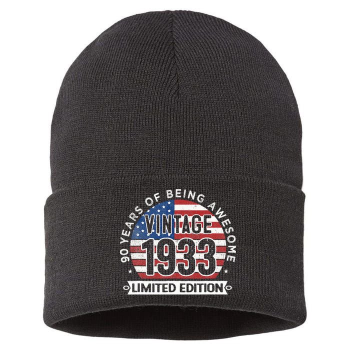 90th Birthday Gifts Vintage 1933 90 Years Old USA Flag Sustainable Knit Beanie