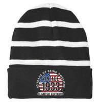 90th Birthday Gifts Vintage 1933 90 Years Old USA Flag Striped Beanie with Solid Band