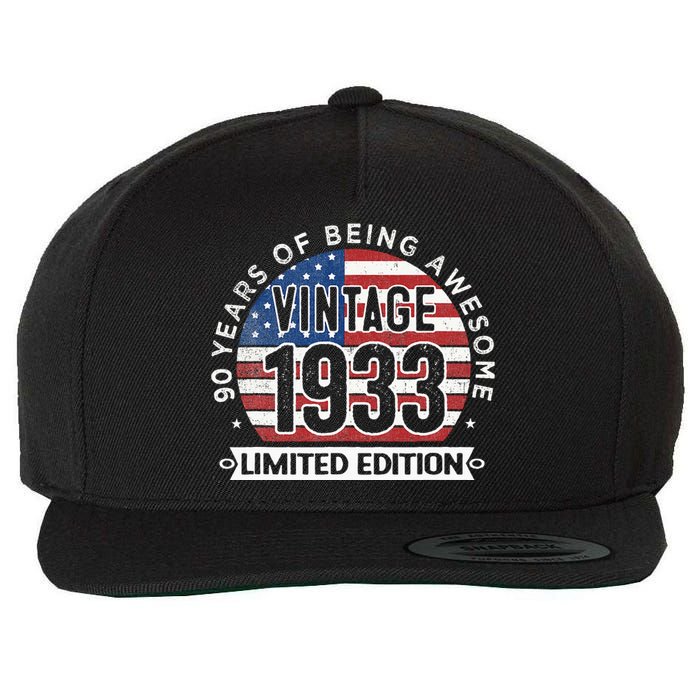 90th Birthday Gifts Vintage 1933 90 Years Old USA Flag Wool Snapback Cap