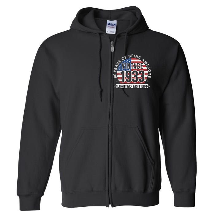 90th Birthday Gifts Vintage 1933 90 Years Old USA Flag Full Zip Hoodie