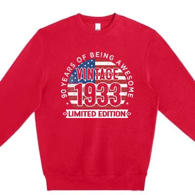 90th Birthday Gifts Vintage 1933 90 Years Old USA Flag Premium Crewneck Sweatshirt