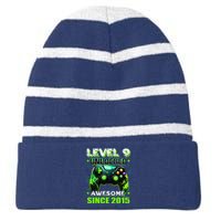 9th Birthday Gamer 9 Year Old Funny Bday Boy Nine Son Striped Beanie with Solid Band