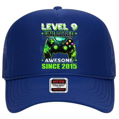 9th Birthday Gamer 9 Year Old Funny Bday Boy Nine Son High Crown Mesh Back Trucker Hat