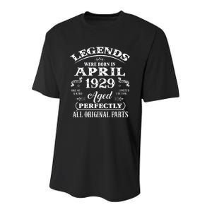 94th Birthday Gift Legends Born In April 1929 94 Years Old Youth Performance Sprint T-Shirt