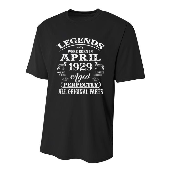 94th Birthday Gift Legends Born In April 1929 94 Years Old Youth Performance Sprint T-Shirt