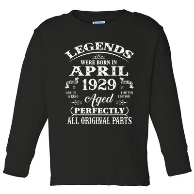 94th Birthday Gift Legends Born In April 1929 94 Years Old Toddler Long Sleeve Shirt