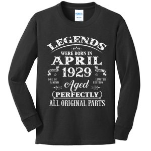 94th Birthday Gift Legends Born In April 1929 94 Years Old Kids Long Sleeve Shirt