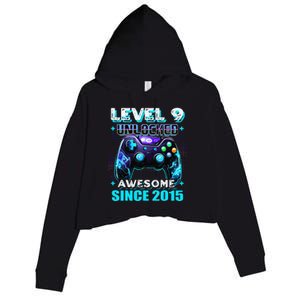 9th Birthday Gamer 9 Year Old Funny Bday Boy Nine Son Crop Fleece Hoodie