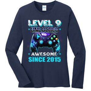 9th Birthday Gamer 9 Year Old Funny Bday Boy Nine Son Ladies Long Sleeve Shirt