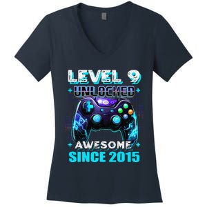 9th Birthday Gamer 9 Year Old Funny Bday Boy Nine Son Women's V-Neck T-Shirt