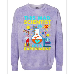 9th Birthday Gift This Mad Scientist Is 9 Let's Experiment Colorblast Crewneck Sweatshirt