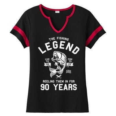 90th Birthday Gift The Fishing Legend 90 Years Fisherman Ladies Halftime Notch Neck Tee