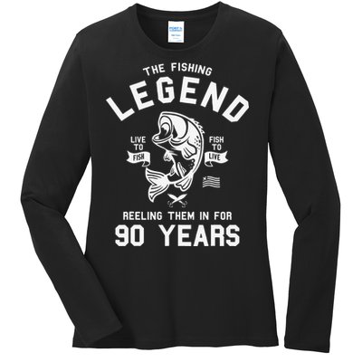 90th Birthday Gift The Fishing Legend 90 Years Fisherman Ladies Long Sleeve Shirt