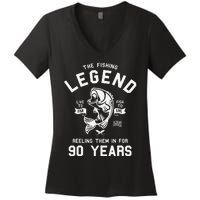 90th Birthday Gift The Fishing Legend 90 Years Fisherman Women's V-Neck T-Shirt