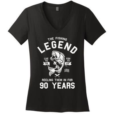 90th Birthday Gift The Fishing Legend 90 Years Fisherman Women's V-Neck T-Shirt