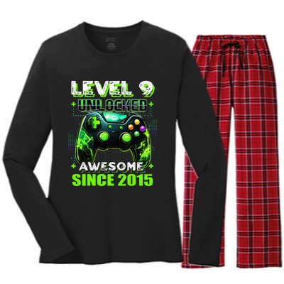 9th Birthday Gamer 9 Year Old Funny Bday Women's Long Sleeve Flannel Pajama Set 