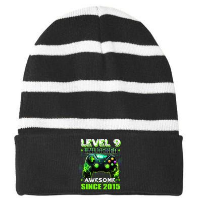 9th Birthday Gamer 9 Year Old Funny Bday Striped Beanie with Solid Band