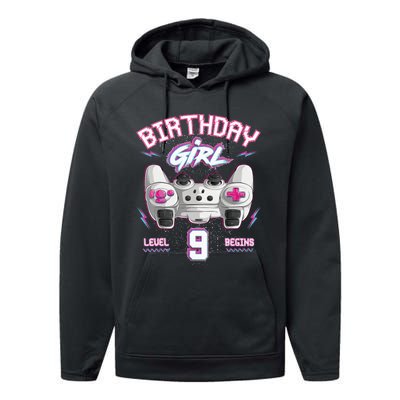 9Th Birthday  Gamer Level 9 Begins Video Games Girls Performance Fleece Hoodie