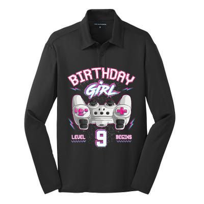 9Th Birthday  Gamer Level 9 Begins Video Games Girls Silk Touch Performance Long Sleeve Polo