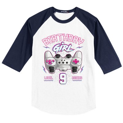 9Th Birthday  Gamer Level 9 Begins Video Games Girls Baseball Sleeve Shirt