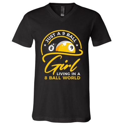 9 Ball Girl Living In 8 Ball World Pool Snooker Billiards V-Neck T-Shirt