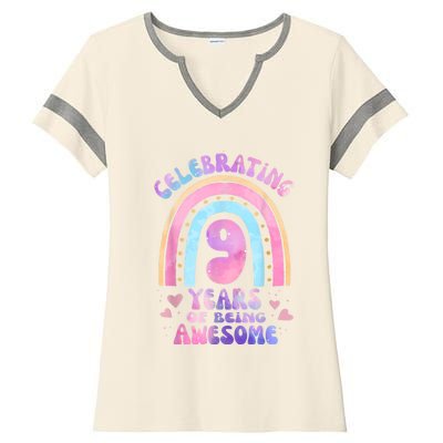 9th Birthday Girl Tie Dye 9 Years Of Being Awesome Bday Ladies Halftime Notch Neck Tee