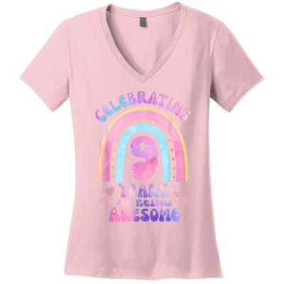 9th Birthday Girl Tie Dye 9 Years Of Being Awesome Bday Women's V-Neck T-Shirt