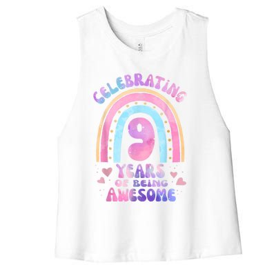 9th Birthday Girl Tie Dye 9 Years Of Being Awesome Bday Women's Racerback Cropped Tank