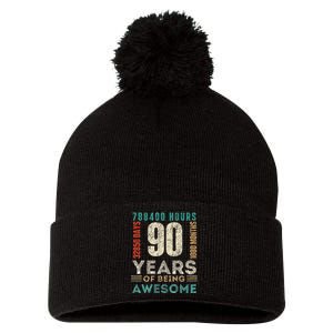 90th Birthday Hours Days Months 90 Years Old Bday Pom Pom 12in Knit Beanie