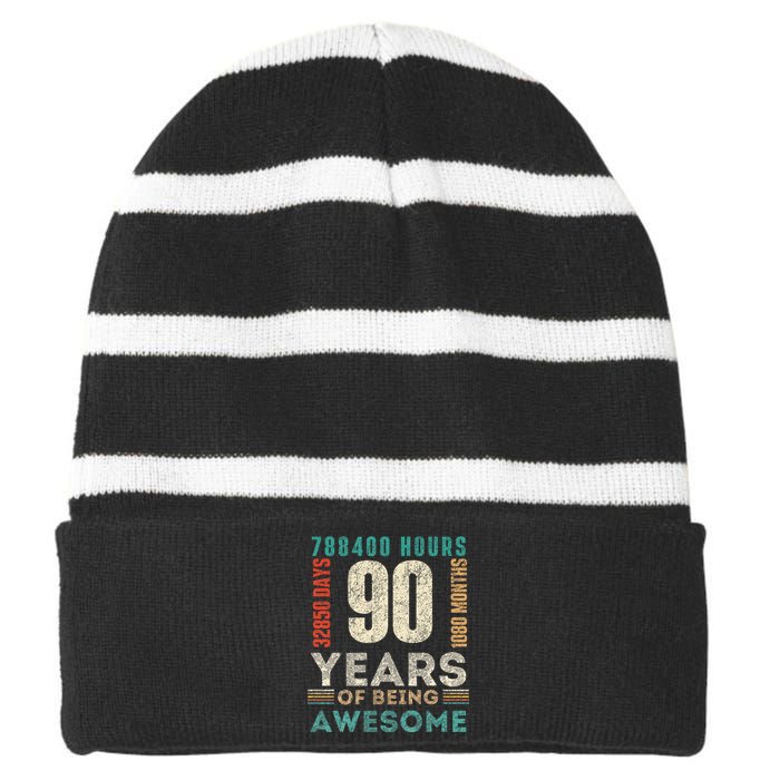 90th Birthday Hours Days Months 90 Years Old Bday Striped Beanie with Solid Band