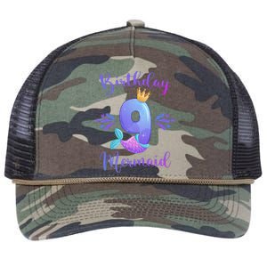 9th Birthday Mermaid Birthday Party 9 Years Old Fish Retro Rope Trucker Hat Cap