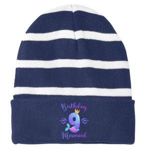 9th Birthday Mermaid Birthday Party 9 Years Old Fish Striped Beanie with Solid Band