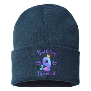 9th Birthday Mermaid Birthday Party 9 Years Old Fish Sustainable Knit Beanie