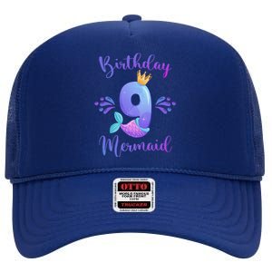 9th Birthday Mermaid Birthday Party 9 Years Old Fish High Crown Mesh Back Trucker Hat