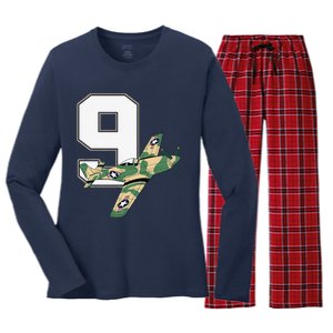 9th Birthday Military Plane Aircraft Fighter 9 Year Old Women's Long Sleeve Flannel Pajama Set 