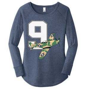 9th Birthday Military Plane Aircraft Fighter 9 Year Old Women's Perfect Tri Tunic Long Sleeve Shirt