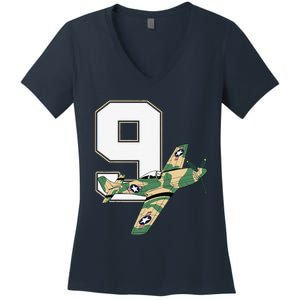 9th Birthday Military Plane Aircraft Fighter 9 Year Old Women's V-Neck T-Shirt