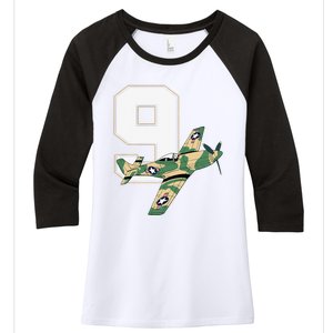 9th Birthday Military Plane Aircraft Fighter 9 Year Old Women's Tri-Blend 3/4-Sleeve Raglan Shirt