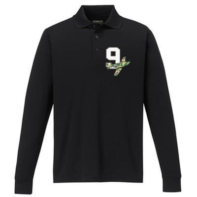 9th Birthday Military Plane Aircraft Fighter 9 Year Old Performance Long Sleeve Polo