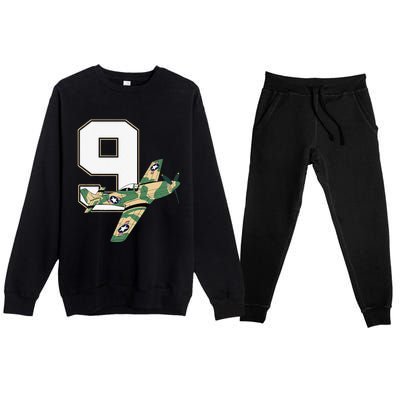 9th Birthday Military Plane Aircraft Fighter 9 Year Old Premium Crewneck Sweatsuit Set