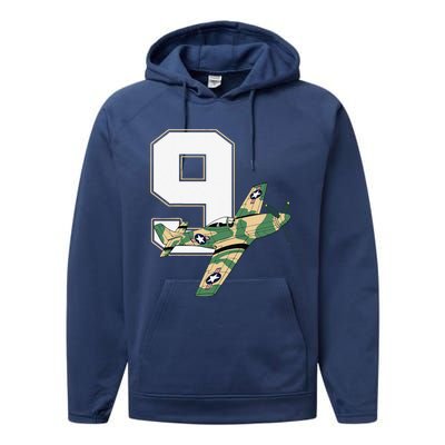 9th Birthday Military Plane Aircraft Fighter 9 Year Old Performance Fleece Hoodie