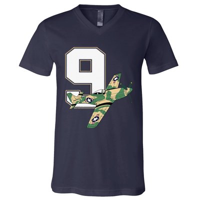 9th Birthday Military Plane Aircraft Fighter 9 Year Old V-Neck T-Shirt